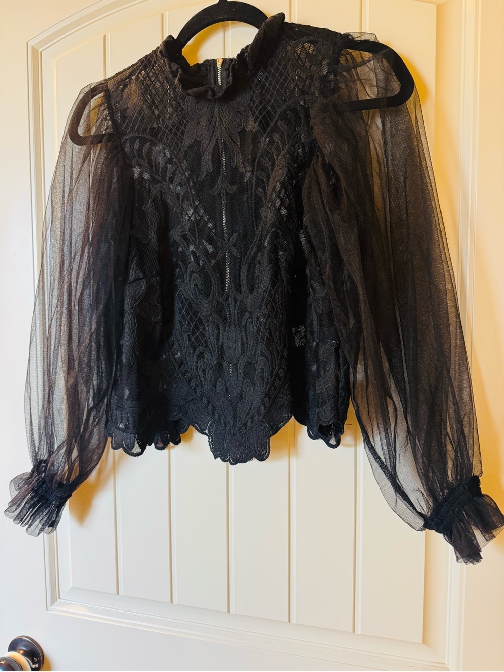 Black Lace tulle Sheer Puff Sleeve Blouse - Women's Top Sz s